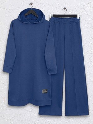 İndigo Kapüşonlu Yırtmaçlı Çimalı İkili Takım