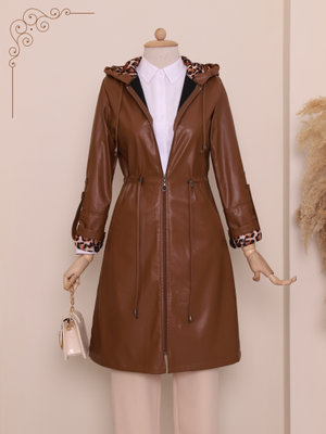 Taba Kolu Katlamalı Beli Bağcıklı Kapüşonlu Deri Kap