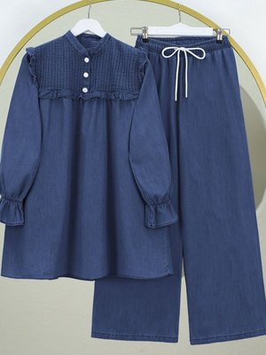 İndigo Robası Fırfırlı Kolu Lastikli Bol Paça Pantolonlu Kot İkili Takım