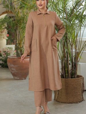 Vizon Yaka Fermuarlı Torba Cepli Uzun Keten Tunik Vizon Yaka Fermuarlı Torba Cepli Uzun Keten Tunik