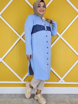 Buz Mavi Nervür Cep Taş Detaylı Gömlek