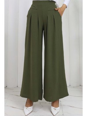 Haki Geniş Paça Pileli Pantolon Haki Geniş Paça Pileli Pantolon