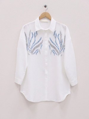 Beyaz Önü Pul Payetli Uzun Gömlek