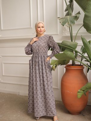 Mor Bel Lastikli Etnik Desen Fişek Elbise Mor Bel Lastikli Etnik Desen Fişek Elbise