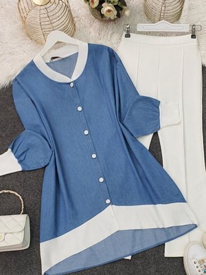 Mavi Yakası Ve Etek Ucu Ribanalı Düğmeli Kot Tunik