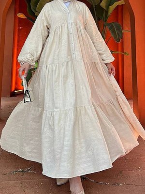 Bej Parçalı Düğme Detaylı Elbise