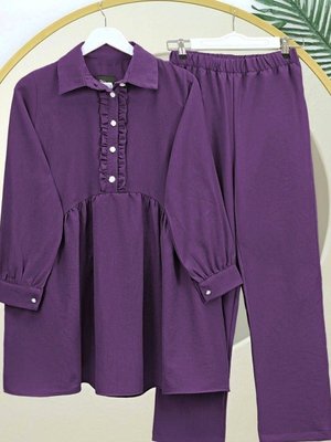 Mürdüm Önü Fırfırlı Yarım Düğmeli Keten İkili Takım