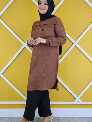 Kahverengi Aller Üstü Aksesuar Detaylı Tunik