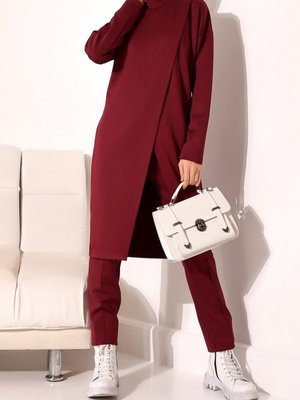 Bordo Dik Yaka Önü Çift Kat Tunik Pantolon Scuba İkili Takım