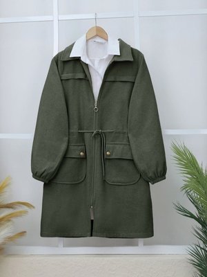 Haki Kolu Lastikli Top Düğme Cepli Fermuarlı Kaşe Kap