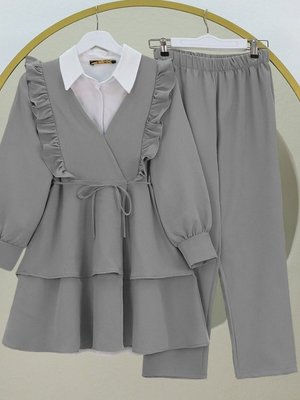 Gri Önü Fırfırlı Bağcıklı Eteği Katlı Pantolonlu Kimono İkili Takım