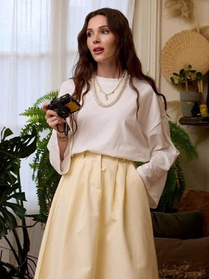 Keten Tek Düğmeli Etek & Body Takım Ekru Sarı