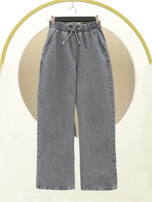 Füme Beli Lastikli Cepli Bol Paça Kot Pantolon