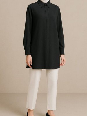 Siyah Gizli Düğmeli Klasik Yaka Gömlek Tunik