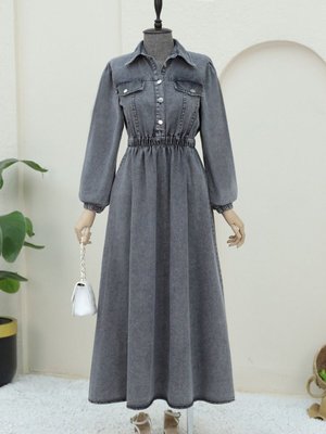 Füme Beli Lastikli Yarım Düğmeli Kot Elbise