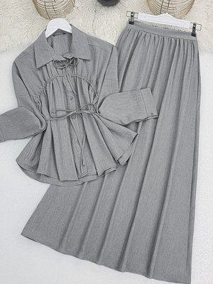 Gri Yakası Ve Beli Bağlamalı Etekli İkili Takım