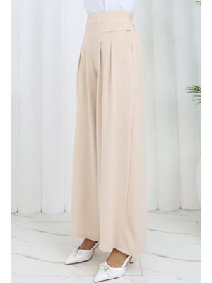 Taş Rengi Geniş Paça Pileli Pantolon