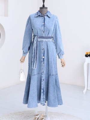 Açık Mavi Boydan Düğmeli Eteği Fırfırlı Kotelbise