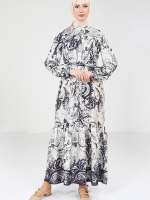 Lacivert Baskılı Kemerli Elbise