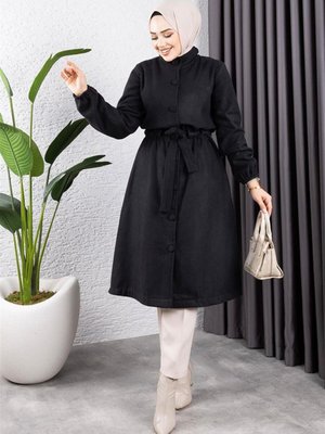 Siyah Düğme Detaylı Kaşe Kaban