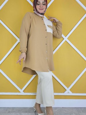 Vizon Düz Kumaş Kombin Ve Taş Detaylı Gömlek