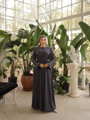 Gri Ankanoor Füme Gizli Patlı Biyeli Abaya Kol Ferace