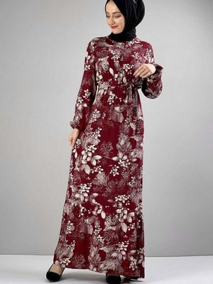 Bordo Kemerli Desenli Elbise