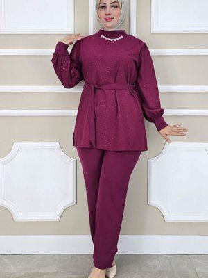 Bordo Dantel Detaylı İkili Takım