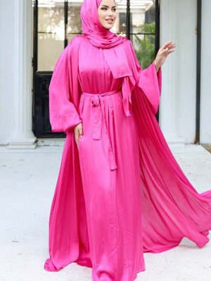 Fuşya Krinkıl İpek Saten 3'lü Abaya Takım