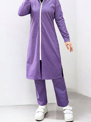 Mor Yakası Biyeli Boydan Fermuarlı İki İp Penye İkili Takım