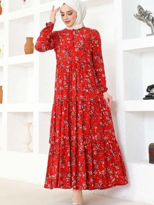 Kırmızı Çiçek Desenli Viskon Elbise Kırmızı Çiçek Desenli Viskon Elbise