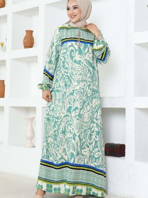 Yeşil Püskül Detaylı Viskon Elbise