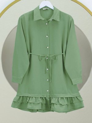 Yeşil Etek Ucu Katlı Fırfırlı Düğmeli Poplin Gömlek Tunik