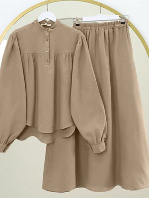Açık Kahve Oval Kesim Dik Yaka Bluz Etek Müslin İkili Takım