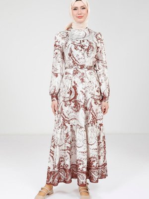 Kahve Baskılı Kemerli Renk Elbise