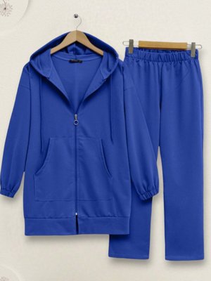 İndigo Fermuarlı Kapüşonlu Penye İkili Takım