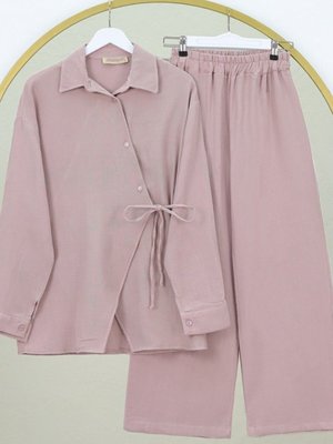 Pudra Çapraz Düğmeli Çift Bağcıklı Müslin İkili Takım