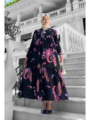 Fuşya Mango Desenli Viskon Elbise Fuşya Mango Desenli Viskon Elbise