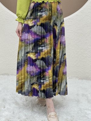 Sarı Uzun Dijital Baskılı Pliseli Etek