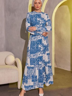 Mavi Desenli Bürümcük Elbise