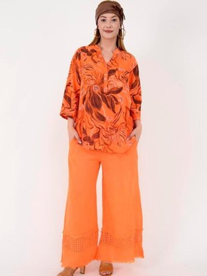 Oranj İtalyan Fisto Detaylı Keten Pantolon