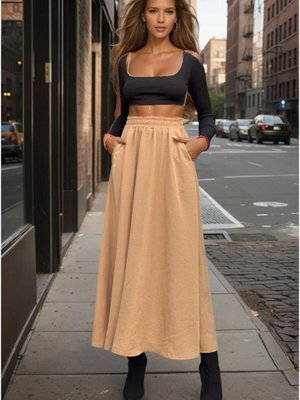 Karamel Beli Lastikli A Kesim Salaş Yüksek Bel Kupra Uzun Etek Karamel Beli Lastikli A Kesim Salaş Yüksek Bel Kupra Uzun Etek