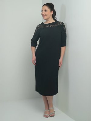 Siyah Yaka Ve Omuzu Pul Detaylı Yarım Kol Astarlı Krep Büyük Beden Midi Elbise