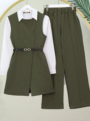 Haki Kemerli Düğmeli Uzun Yelek