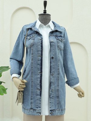 Buz Mavi Cep Detaylı Random Yıkama Kot Ceket