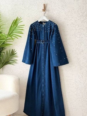 Lacivert Kalp Kemerli İnci Detaylı Denim Kap Pardesü Lacivert Kalp Kemerli İnci Detaylı Denim Kap Pardesü