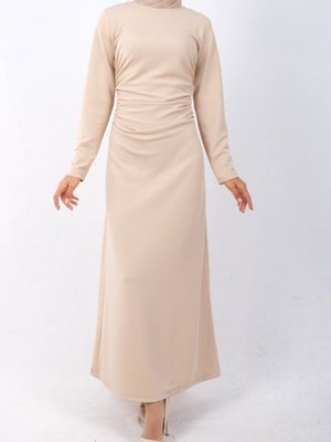 Bej Belden Büzgülü Örme Krep Likralı Elbise Bej Belden Büzgülü Örme Krep Likralı Elbise