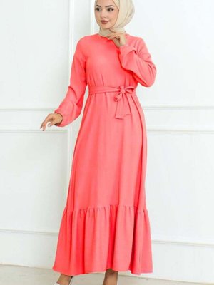 Nar Çiçeği Eteği Fırfırlı Bürümcük Elbise