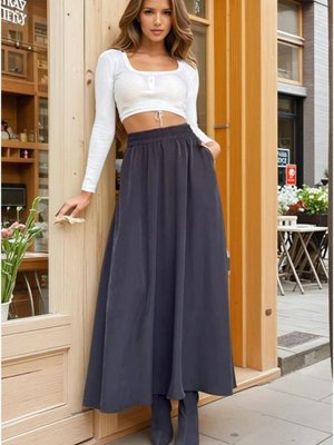 Siyah Beli Lastikli A Kesim Salaş Yüksek Bel Kupra Uzun Etek Siyah Beli Lastikli A Kesim Salaş Yüksek Bel Kupra Uzun Etek