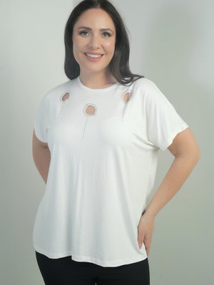 Ekru Omuzu Taş Baskılı Bisiklet Yaka Yarasa Kol B.b. Bluz